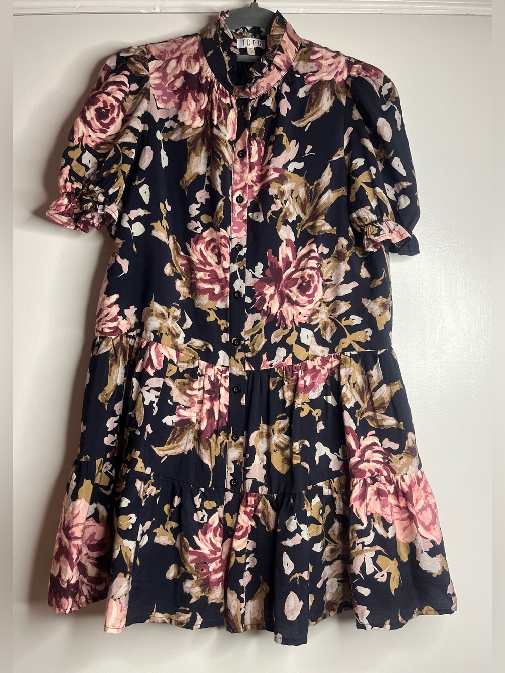 TCEC floral tiered button down ruffle mini dress